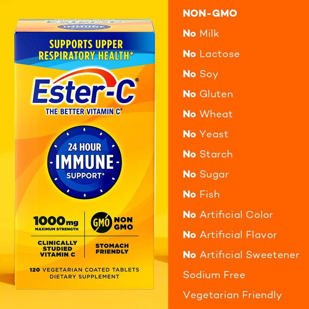 120 Count Ester-C 1000 mg Coated Tablets for Immune System Support and Gentle on Stomach