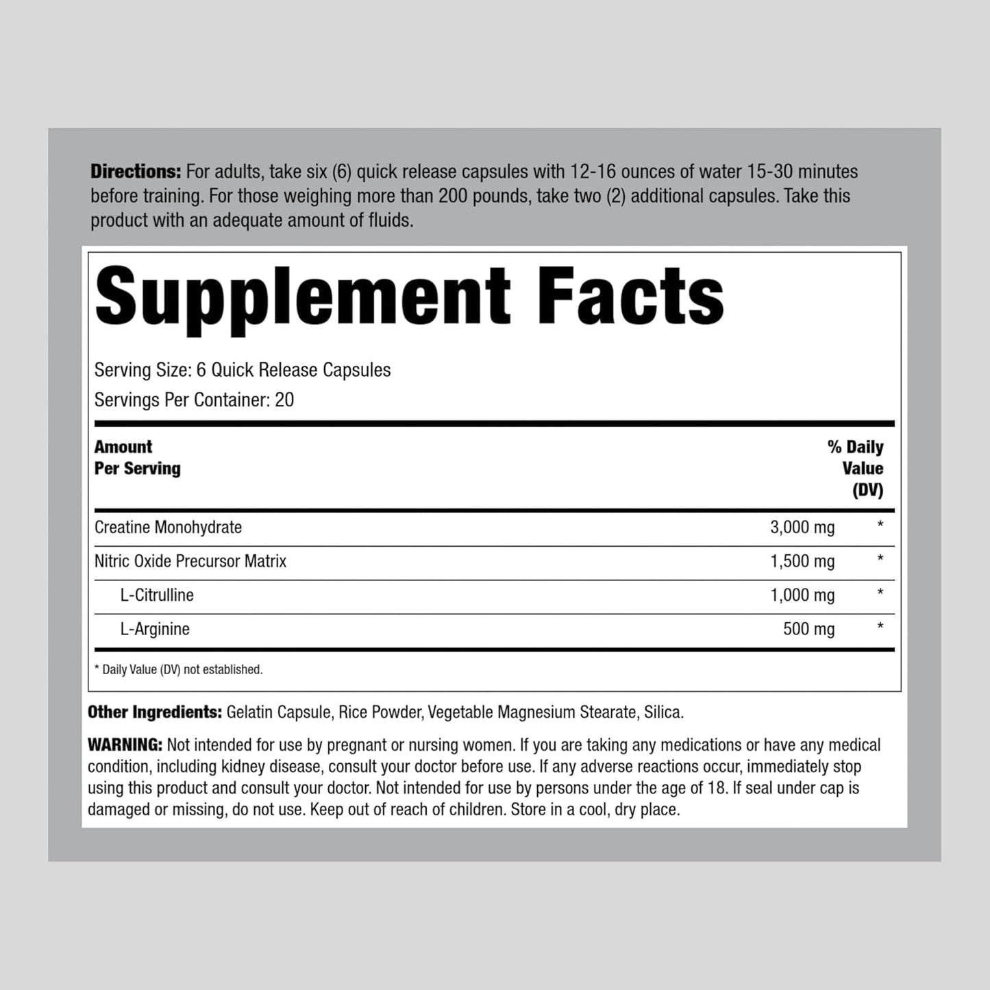 120 Count Fitness Labs Creatine Capsules with 3000mg German Creatine Monohydrate - Creapure Pump Supplement Plus Nitric Oxide Precursor - HPLC Tested Non-GMO