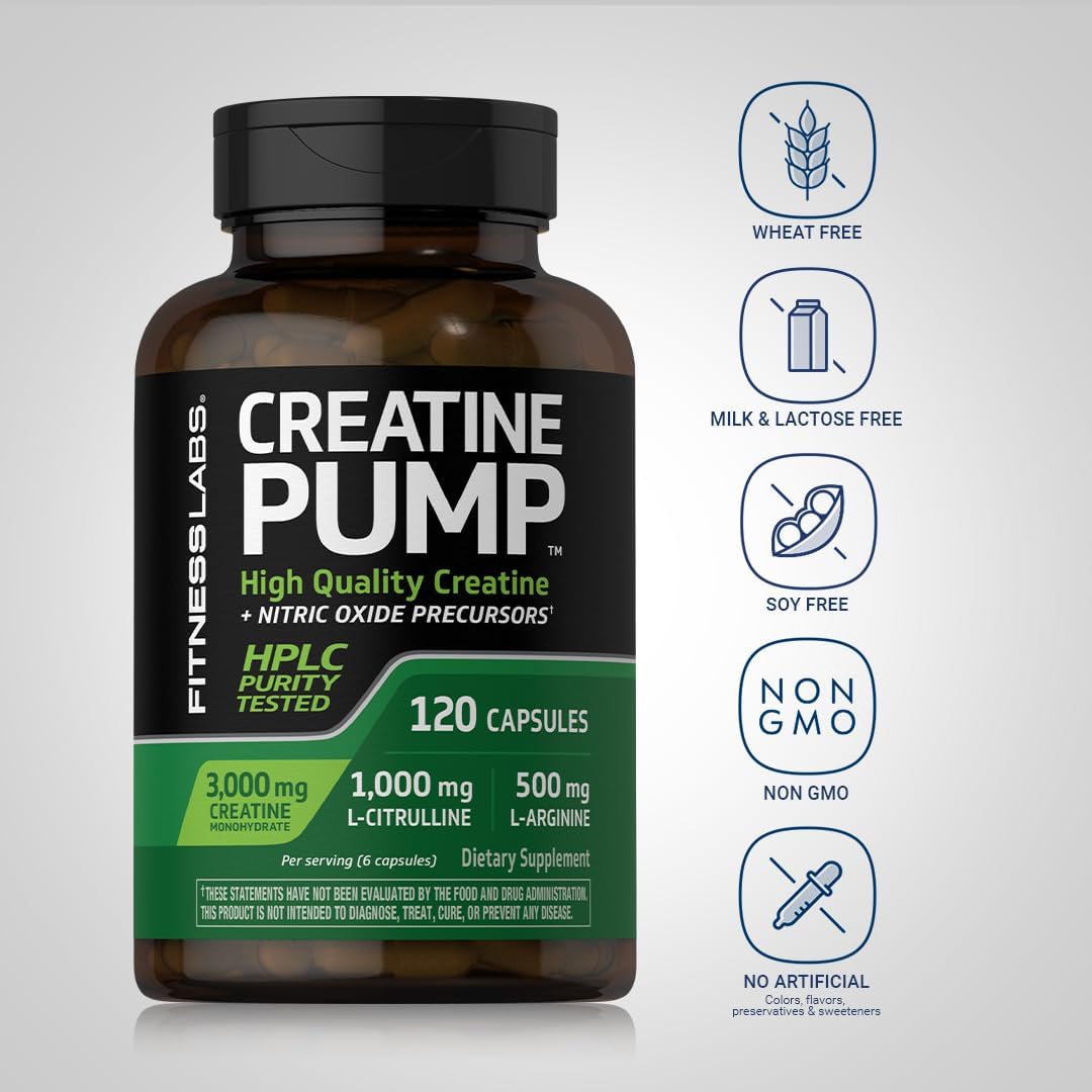 120 Count Fitness Labs Creatine Capsules with 3000mg German Creatine Monohydrate - Creapure Pump Supplement Plus Nitric Oxide Precursor - HPLC Tested Non-GMO