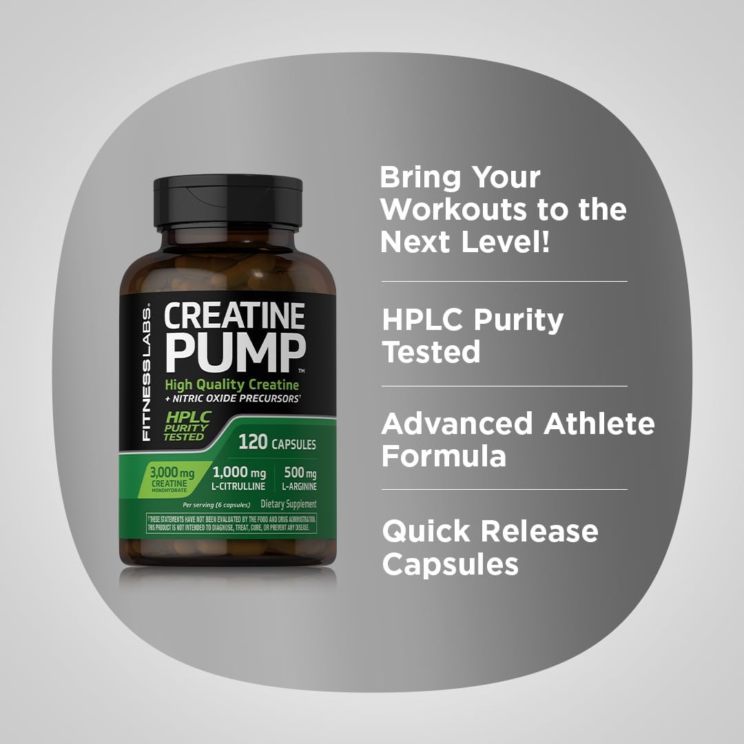 120 Count Fitness Labs Creatine Capsules with 3000mg German Creatine Monohydrate - Creapure Pump Supplement Plus Nitric Oxide Precursor - HPLC Tested Non-GMO