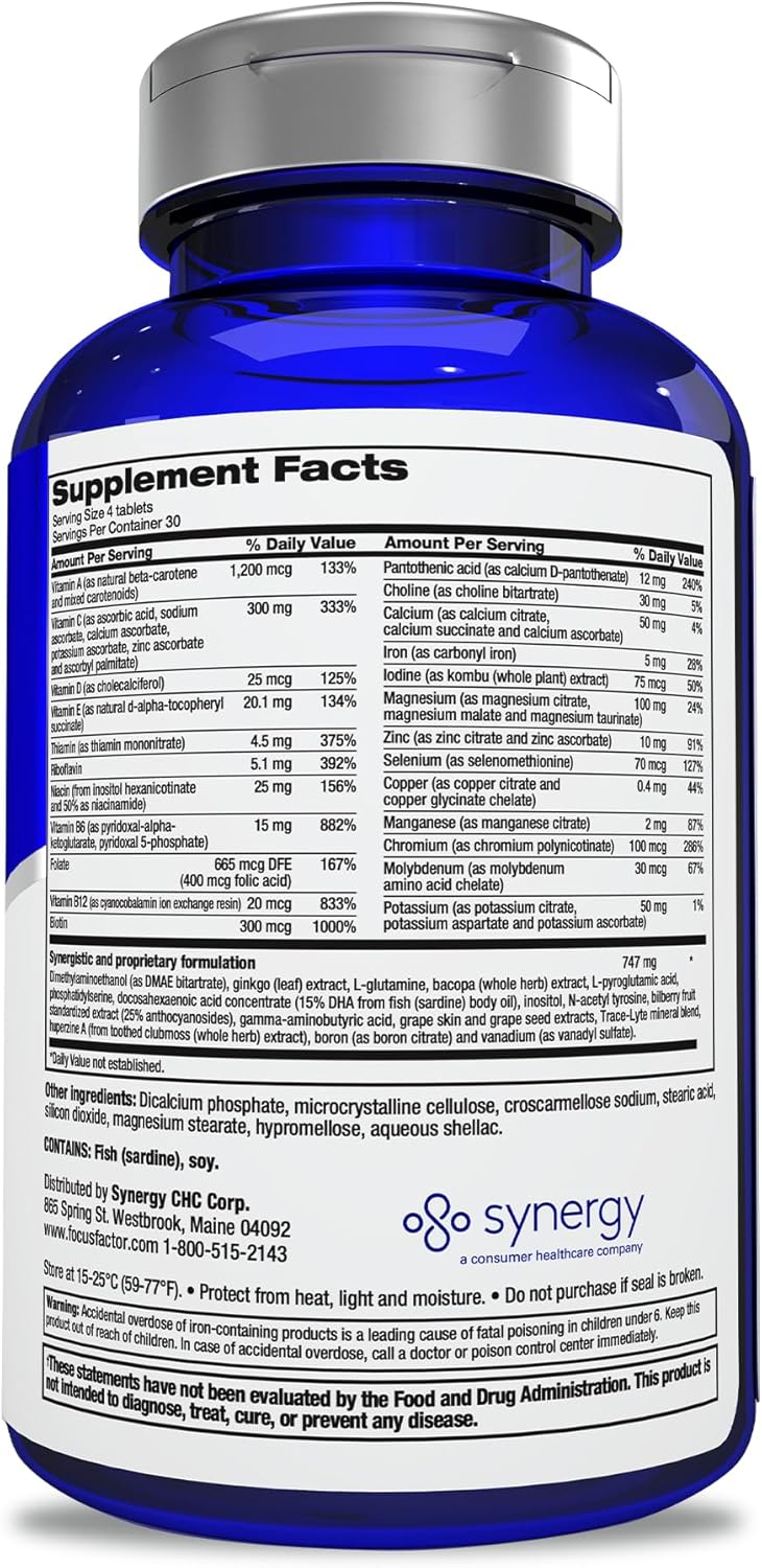 120 Count Focus Factor Adults Extra Strength Brain Supplement with DMAE, Vitamin D, DHA - Memory, Concentration, Focus - Complete Multivitamin