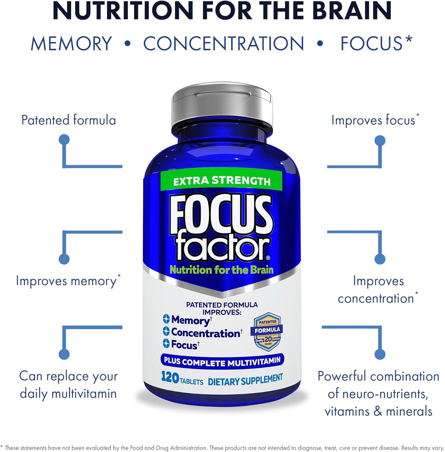 120 Count Focus Factor Adults Extra Strength Brain Supplement with DMAE, Vitamin D, DHA - Memory, Concentration, Focus - Complete Multivitamin