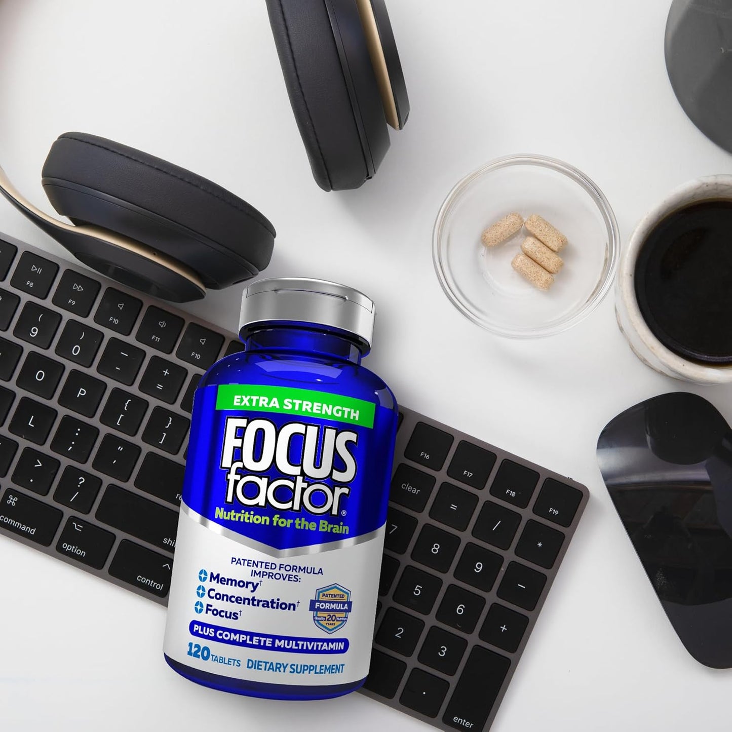 120 Count Focus Factor Adults Extra Strength Brain Supplement with DMAE, Vitamin D, DHA - Memory, Concentration, Focus - Complete Multivitamin