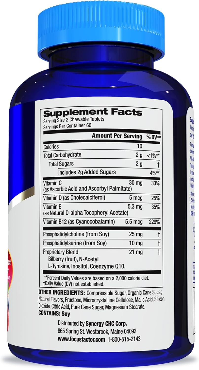 120 Count Focus Factor Kids Extra Strength Daily Chewable Vitamins for Brain Health Support - Quality Formula, Gluten & Dairy Free Supplements - No Artificial Sweetener - Children's Health