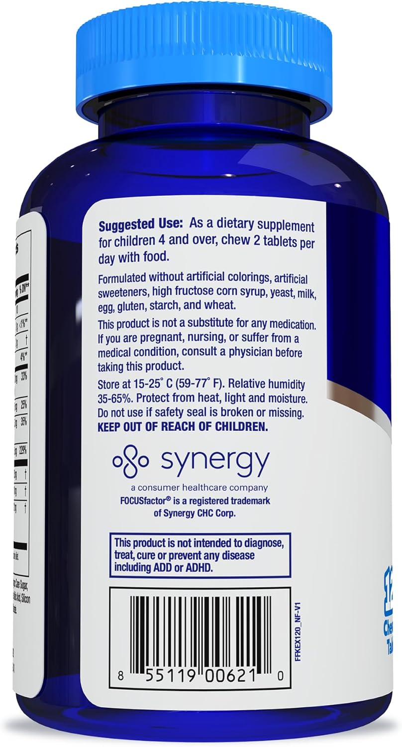 120 Count Focus Factor Kids Extra Strength Daily Chewable Vitamins for Brain Health Support - Quality Formula, Gluten & Dairy Free Supplements - No Artificial Sweetener - Children's Health