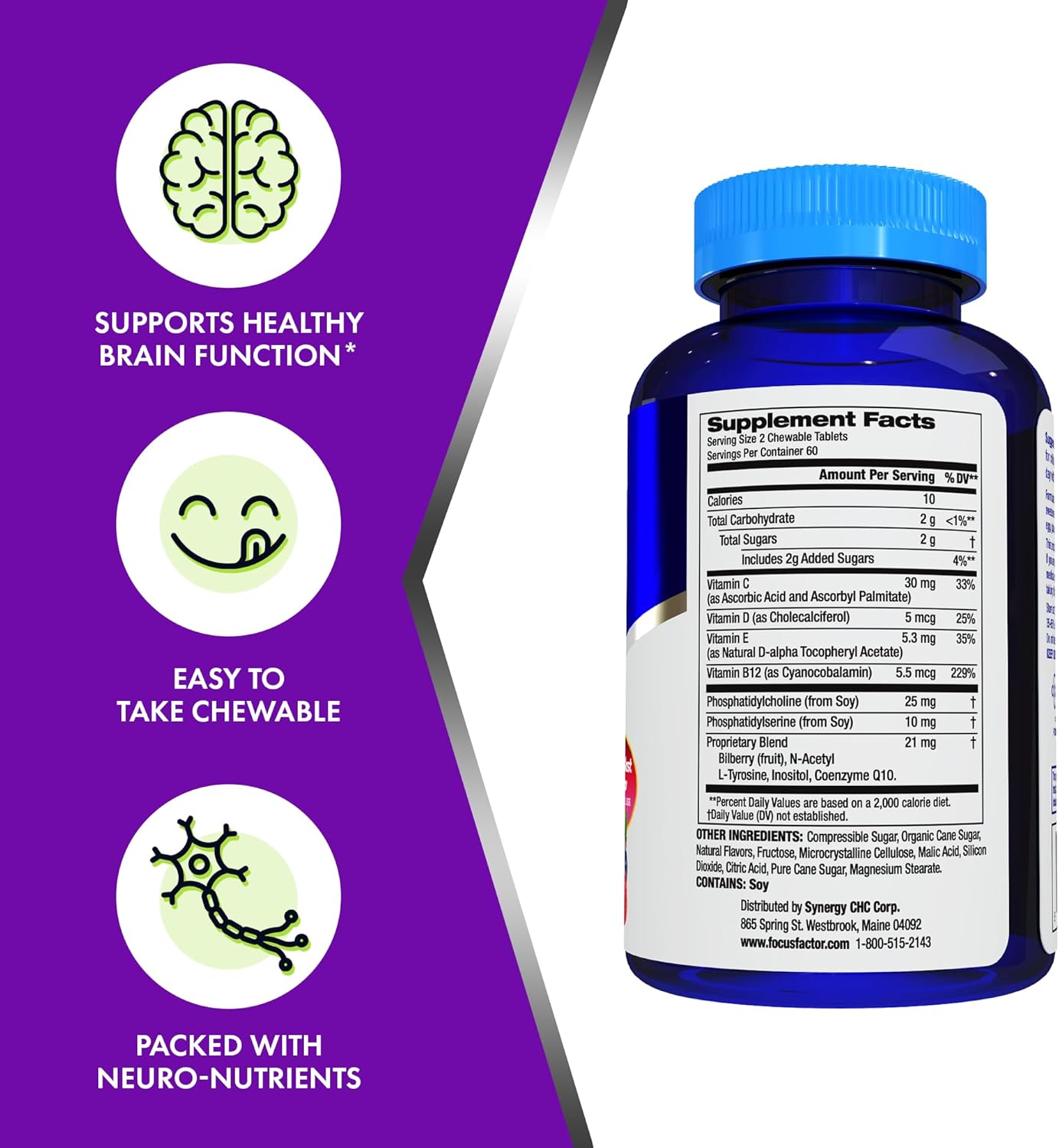 120 Count Focus Factor Kids Extra Strength Daily Chewable Vitamins for Brain Health Support - Quality Formula, Gluten & Dairy Free Supplements - No Artificial Sweetener - Children's Health
