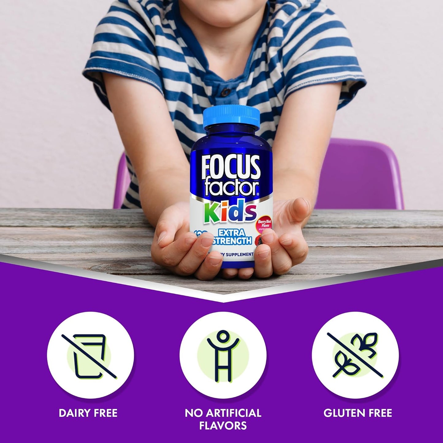 120 Count Focus Factor Kids Extra Strength Daily Chewable Vitamins for Brain Health Support - Quality Formula, Gluten & Dairy Free Supplements - No Artificial Sweetener - Children's Health