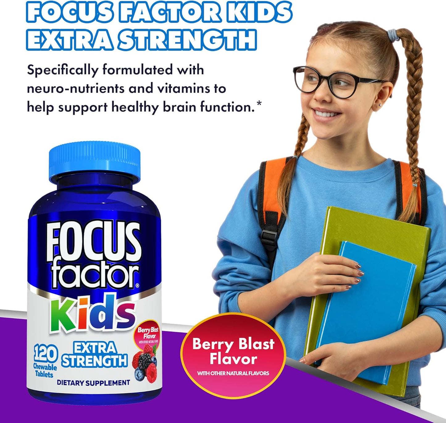 120 Count Focus Factor Kids Extra Strength Daily Chewable Vitamins for Brain Health Support - Quality Formula, Gluten & Dairy Free Supplements - No Artificial Sweetener - Children's Health