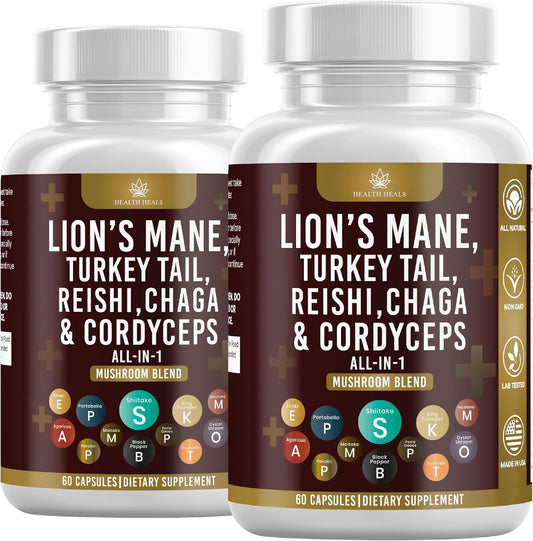 120 Count Health Heals Mushroom Supplement with Lion's Mane, Turkey Tail, Reishi, Cordyceps, Chaga, and Marshmallow Root