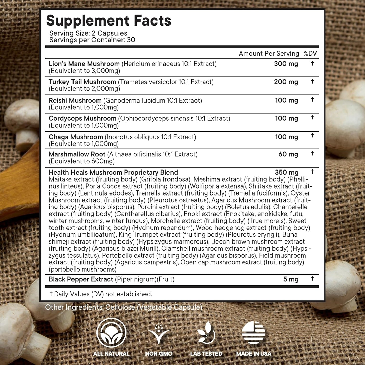 120 Count Health Heals Mushroom Supplement with Lion's Mane, Turkey Tail, Reishi, Cordyceps, Chaga, and Marshmallow Root