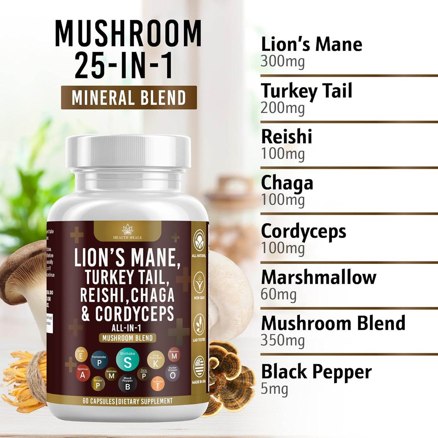 120 Count Health Heals Mushroom Supplement with Lion's Mane, Turkey Tail, Reishi, Cordyceps, Chaga, and Marshmallow Root