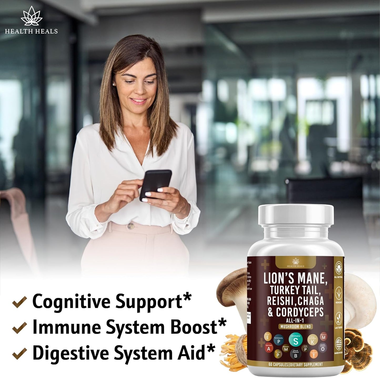 120 Count Health Heals Mushroom Supplement with Lion's Mane, Turkey Tail, Reishi, Cordyceps, Chaga, and Marshmallow Root