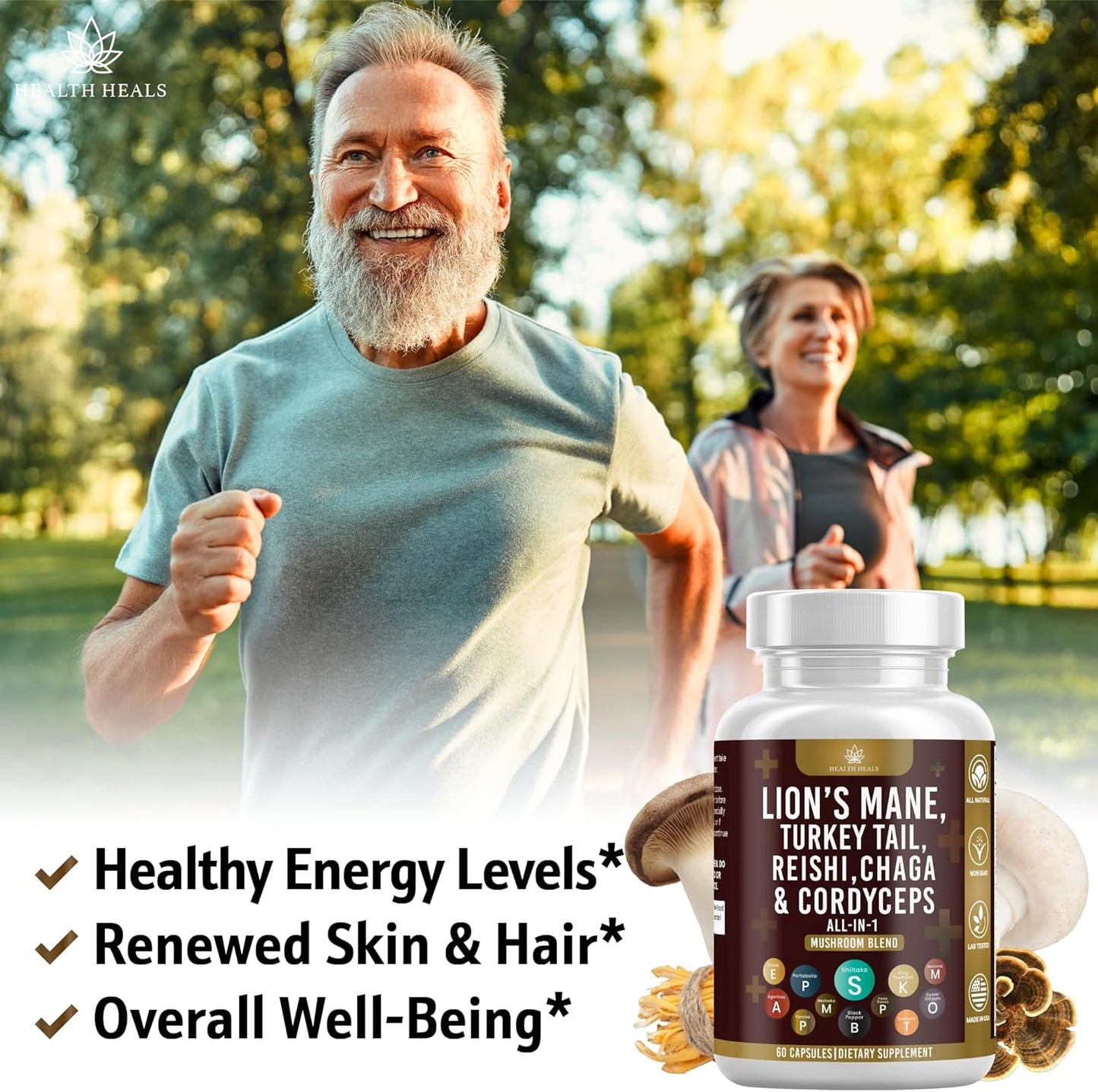 120 Count Health Heals Mushroom Supplement with Lion's Mane, Turkey Tail, Reishi, Cordyceps, Chaga, and Marshmallow Root