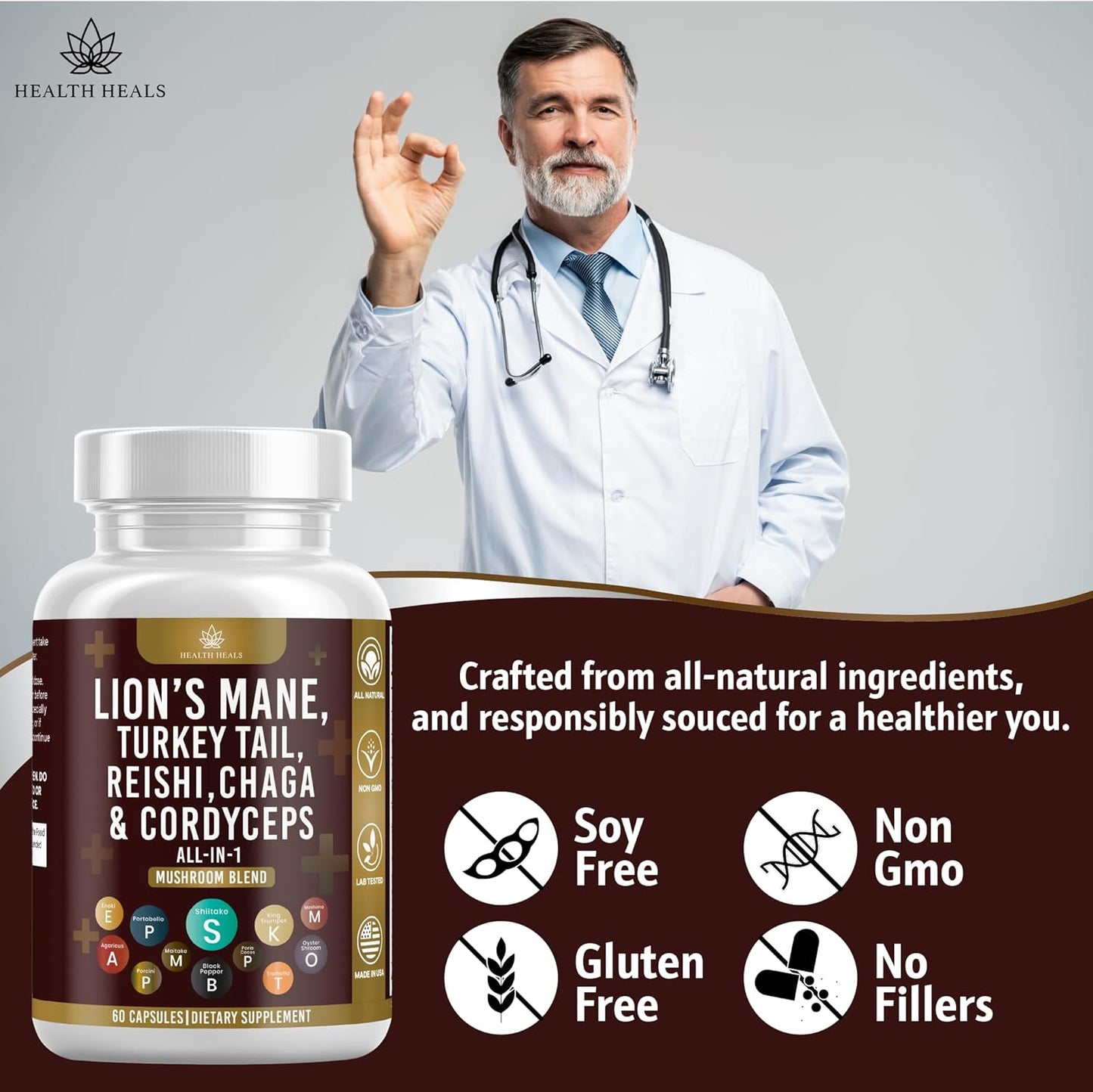120 Count Health Heals Mushroom Supplement with Lion's Mane, Turkey Tail, Reishi, Cordyceps, Chaga, and Marshmallow Root