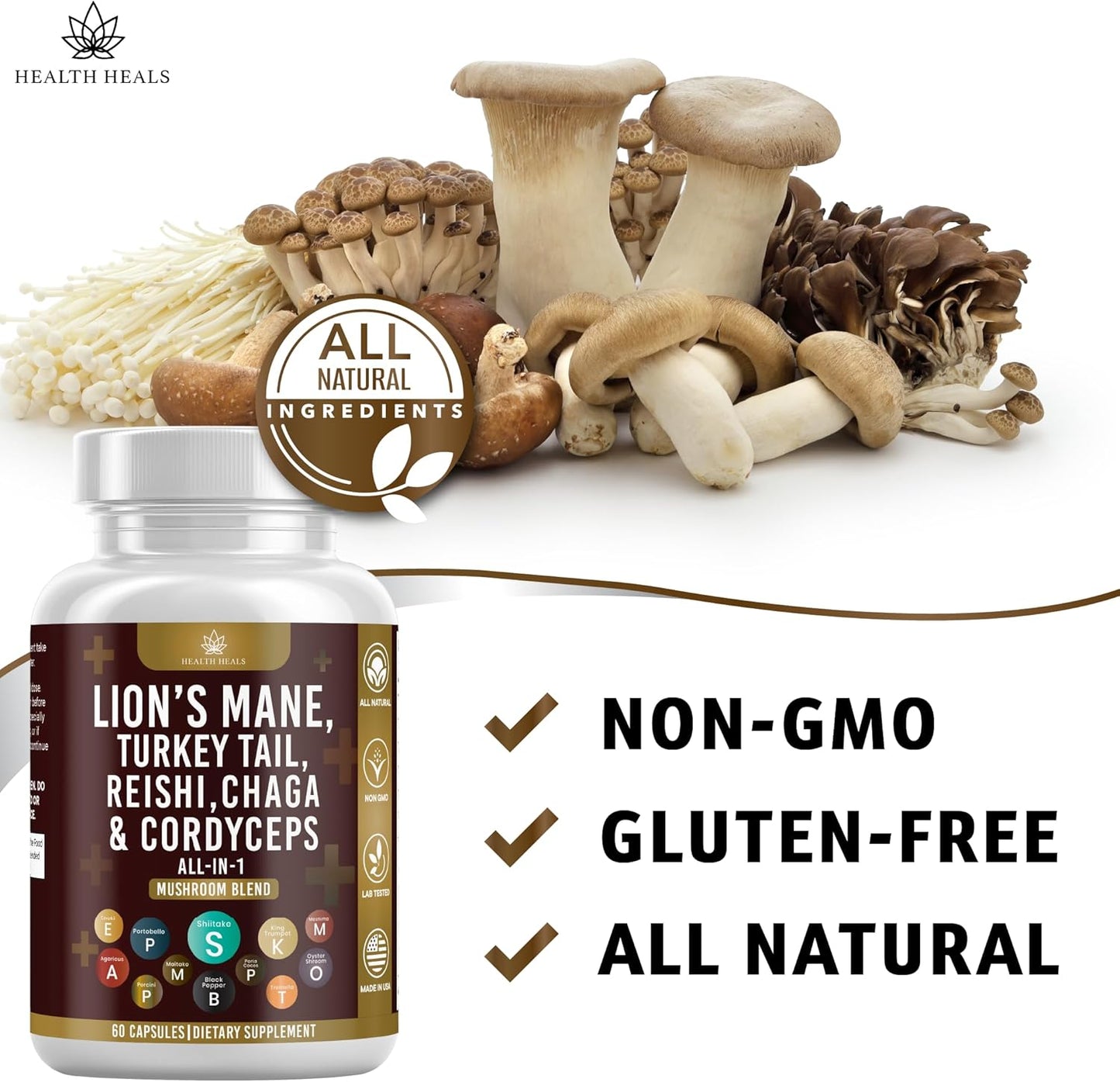 120 Count Health Heals Mushroom Supplement with Lion's Mane, Turkey Tail, Reishi, Cordyceps, Chaga, and Marshmallow Root