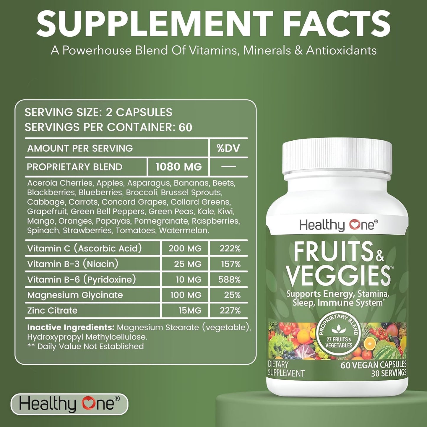 120 Count Healthy One Fruits & Veggies Multivitamin with 27 Balanced Whole Foods for Vitamins, Minerals, Antioxidants, and Detox