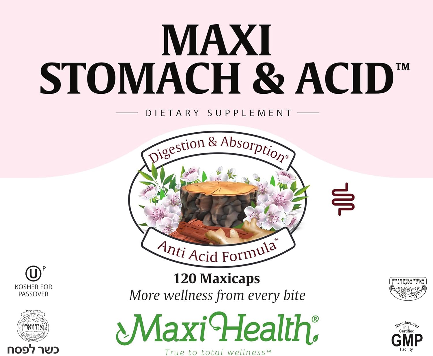 120 Count Kosher Maxi Health Maxi Stomach Anti Acid Support Capsules - Full Spectrum Formula