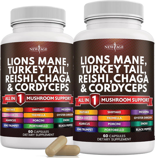 120 Count Lions Mane Mushroom Supplement with Turkey Tail, Reishi, Cordyceps, Chaga, and Marshmallow Root for Immune Support