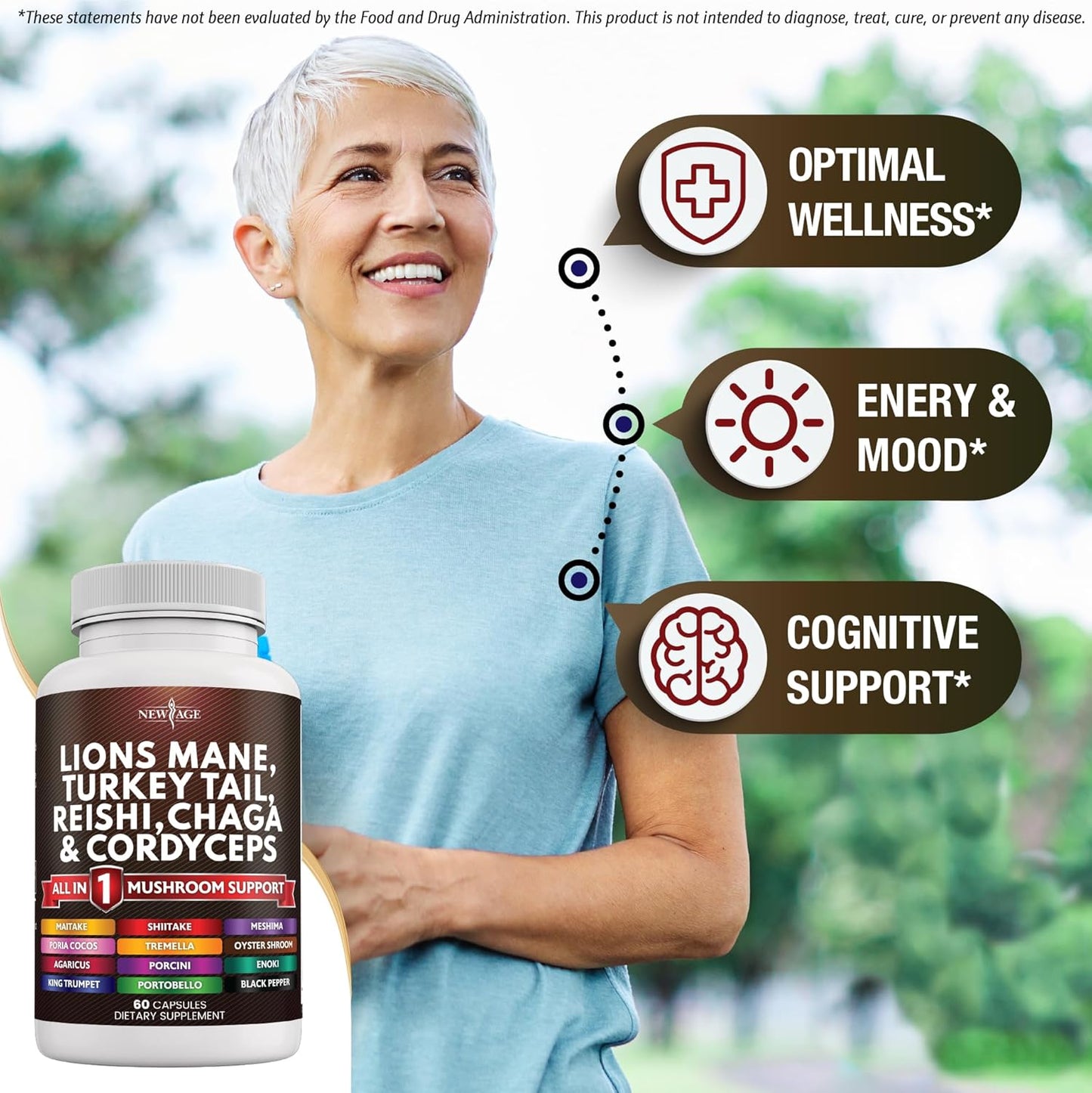 120 Count Lions Mane Mushroom Supplement with Turkey Tail, Reishi, Cordyceps, Chaga, and Marshmallow Root for Immune Support