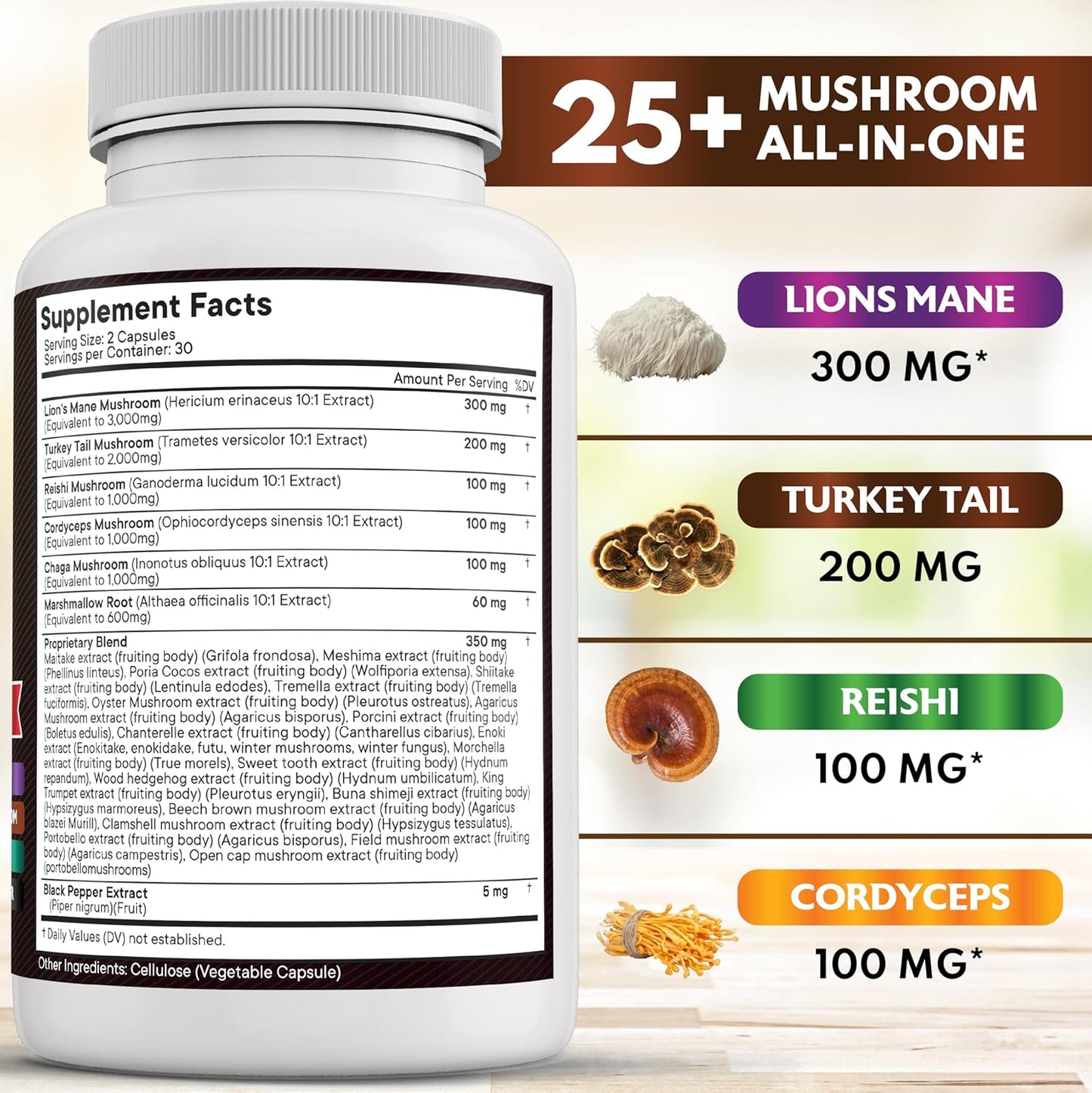 120 Count Lions Mane Mushroom Supplement with Turkey Tail, Reishi, Cordyceps, Chaga, and Marshmallow Root for Immune Support