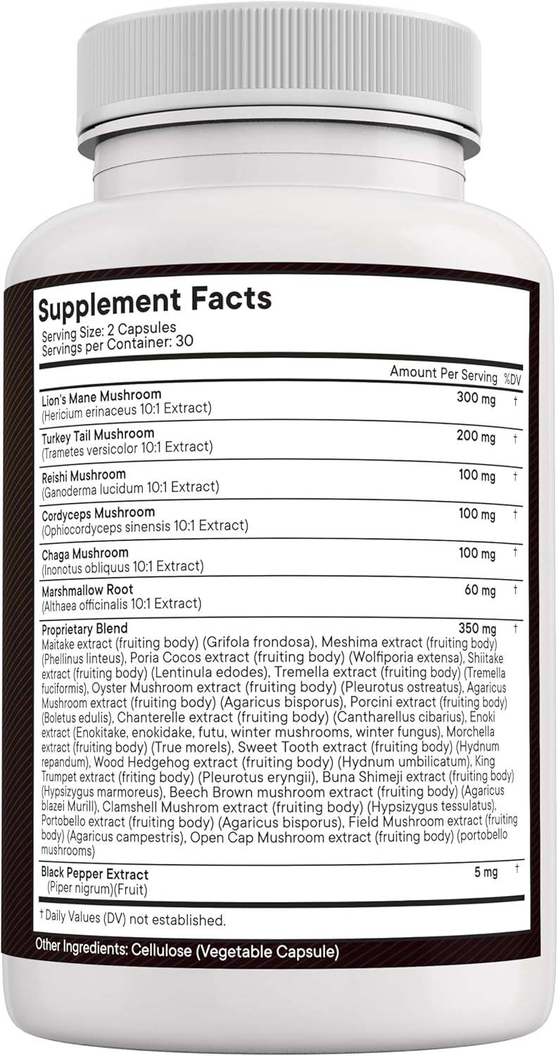 120 Count Lions Mane Mushroom Supplement with Turkey Tail, Reishi, Cordyceps, Chaga, and Marshmallow Root for Immune Support