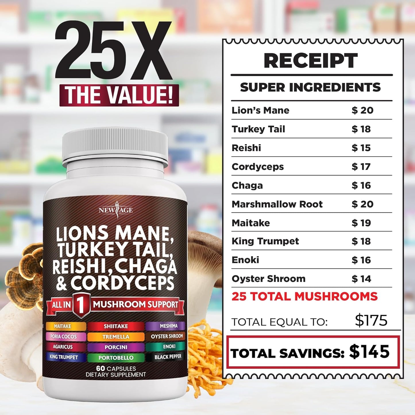 120 Count Lions Mane Mushroom Supplement with Turkey Tail, Reishi, Cordyceps, Chaga, and Marshmallow Root for Immune Support