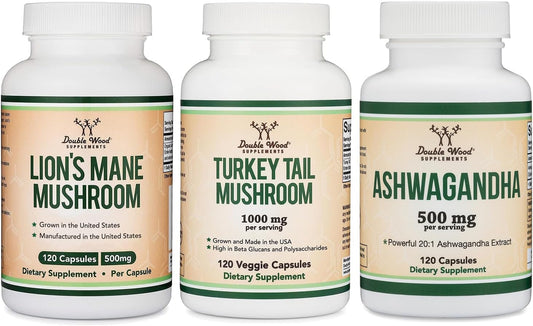 120 Count Lion's Mane Mushroom, Turkey Tail, and Ashwagandha Supplements by Double Wood