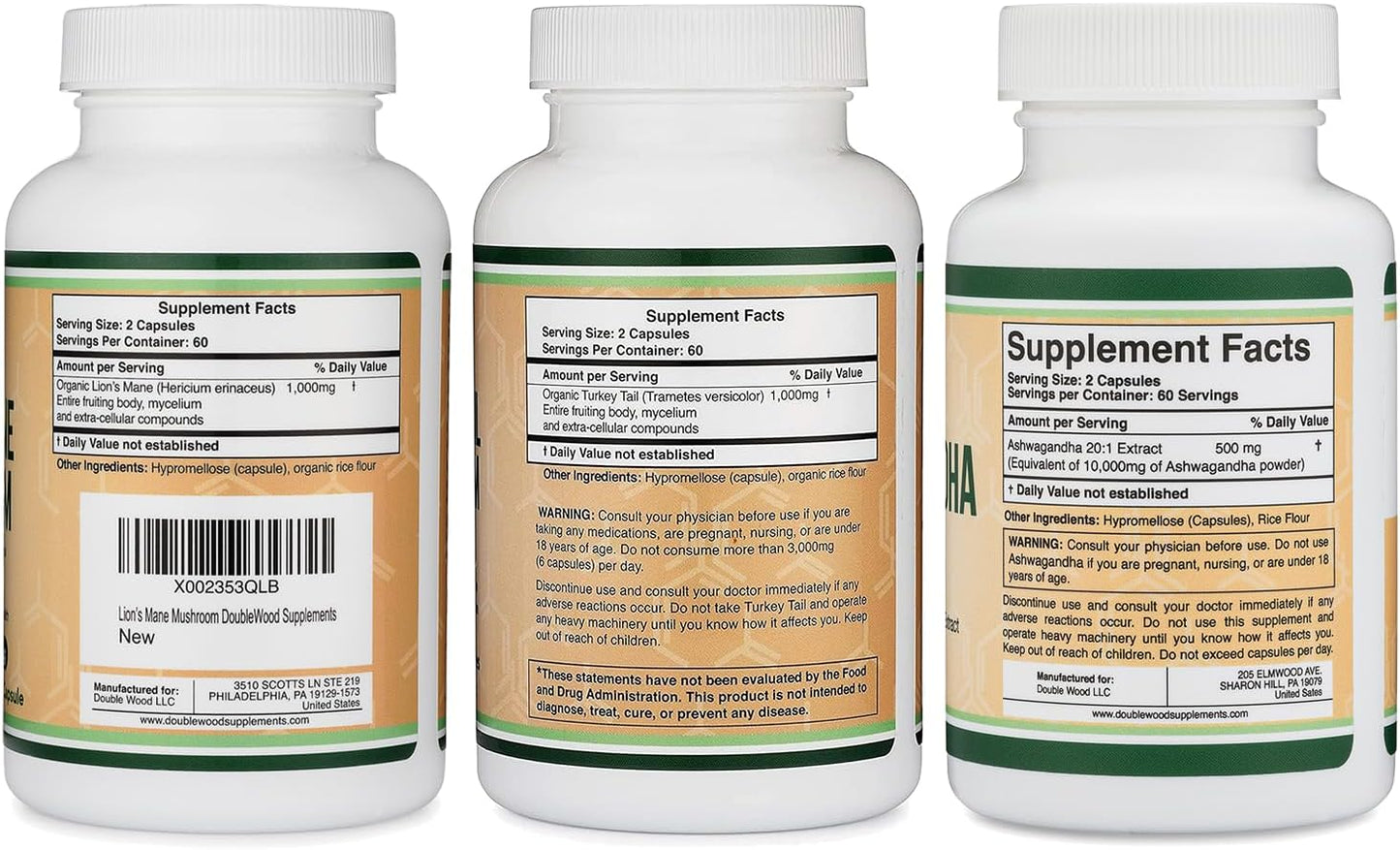120 Count Lion's Mane Mushroom, Turkey Tail, and Ashwagandha Supplements by Double Wood