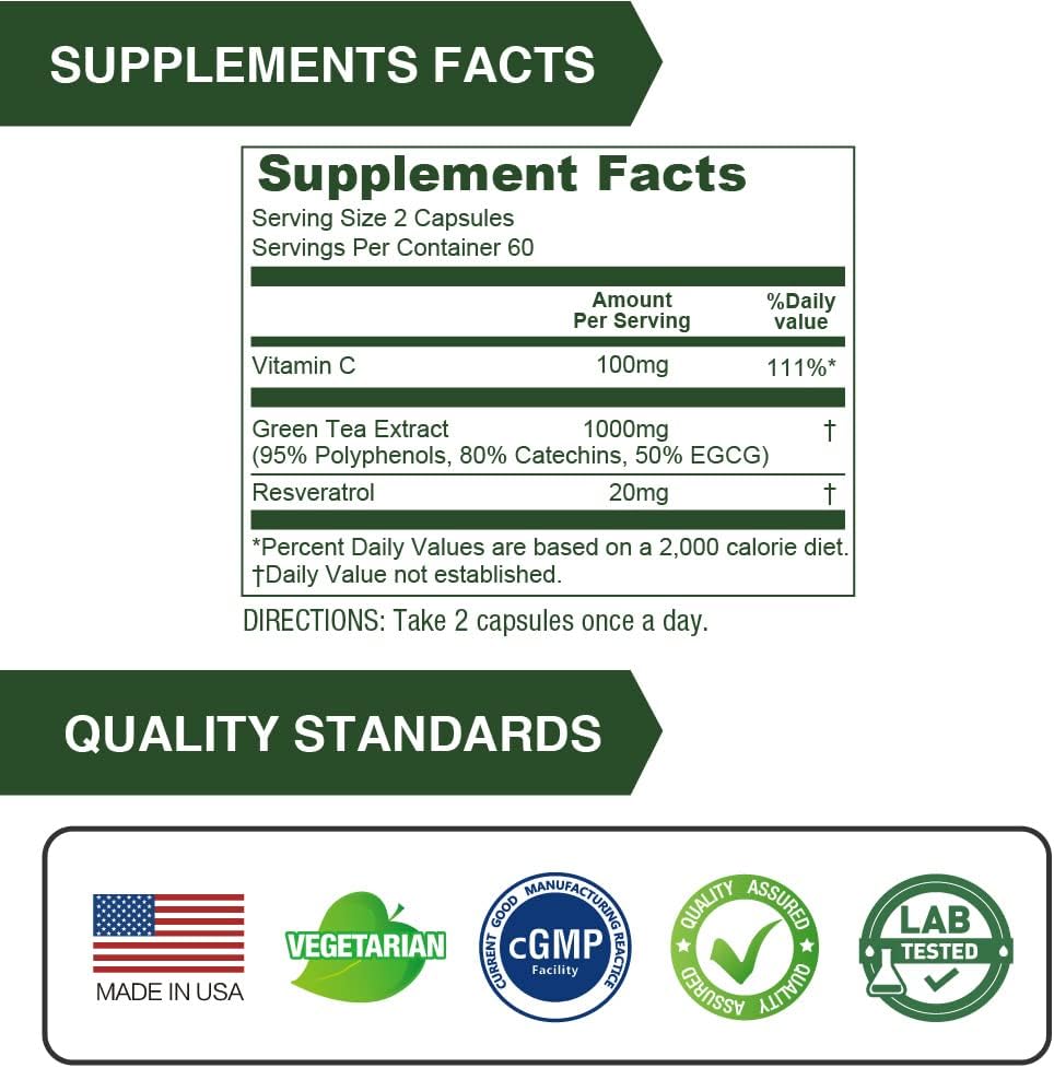 120 Count Lovita Green Tea Extract Capsules - 1000mg Pure Green Tea Supplement