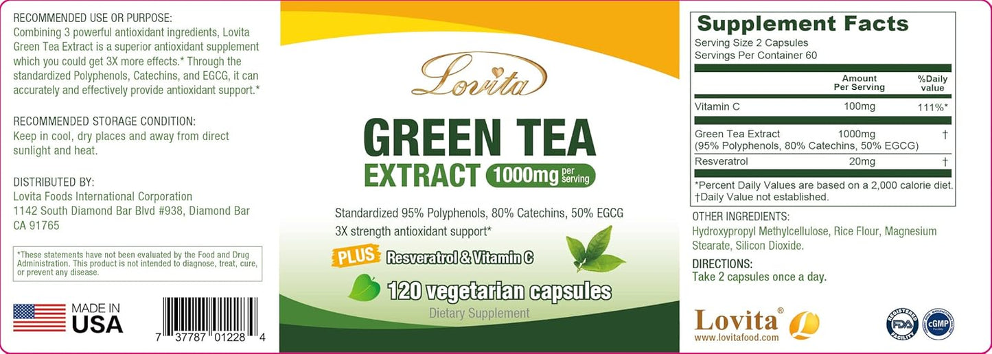 120 Count Lovita Green Tea Extract Capsules - 1000mg Pure Green Tea Supplement
