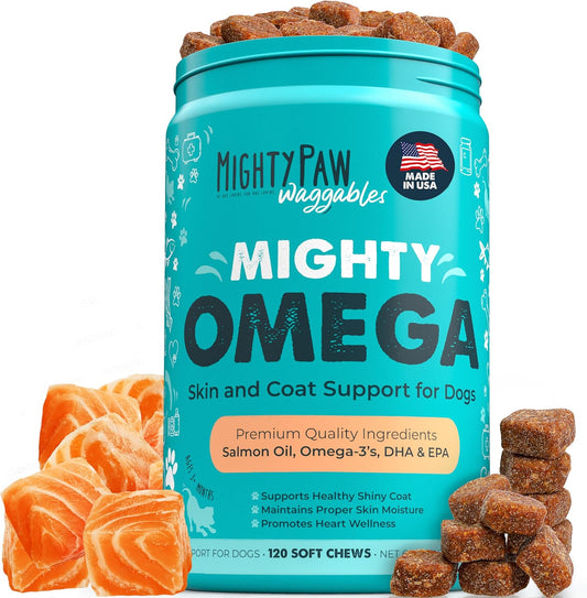 120-Count Mighty Paw Omega 3 Fish Oil Chews for Dogs - Skin & Coat Supplement with DHA & EPA, Made in the USA, Salmon & Bacon Flavor