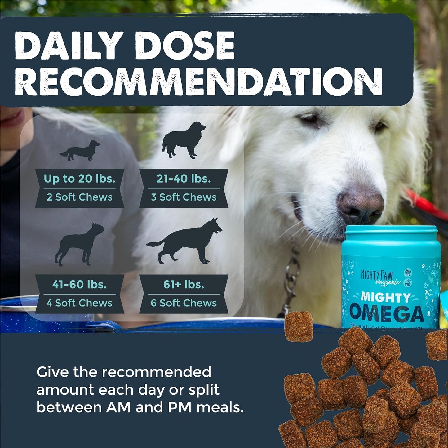 120-Count Mighty Paw Omega 3 Fish Oil Chews for Dogs - Skin & Coat Supplement with DHA & EPA, Made in the USA, Salmon & Bacon Flavor
