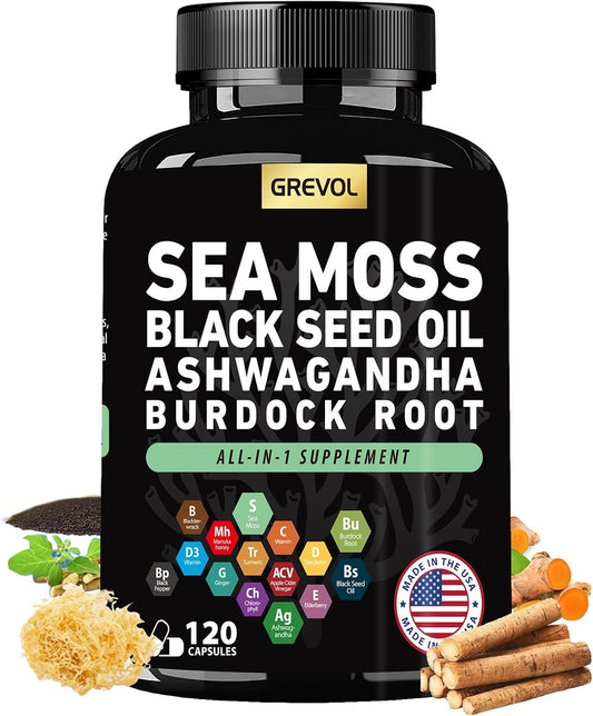 120 Count Multimineral Supplement Capsules with Sea Moss, Ashwagandha, Black Seed Oil, Bladderwrack, Burdock Root, Turmeric, Vitamin C, D3, Elderberry, ACV, and Black Pepper
