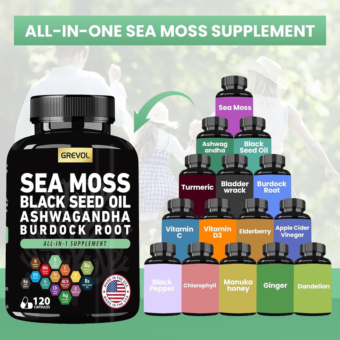 120 Count Multimineral Supplement Capsules with Sea Moss, Ashwagandha, Black Seed Oil, Bladderwrack, Burdock Root, Turmeric, Vitamin C, D3, Elderberry, ACV, and Black Pepper