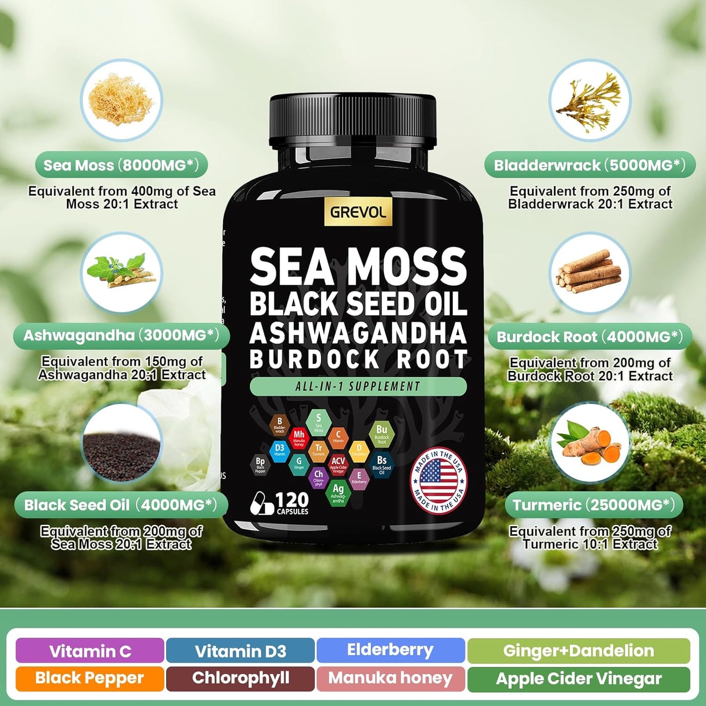 120 Count Multimineral Supplement Capsules with Sea Moss, Ashwagandha, Black Seed Oil, Bladderwrack, Burdock Root, Turmeric, Vitamin C, D3, Elderberry, ACV, and Black Pepper