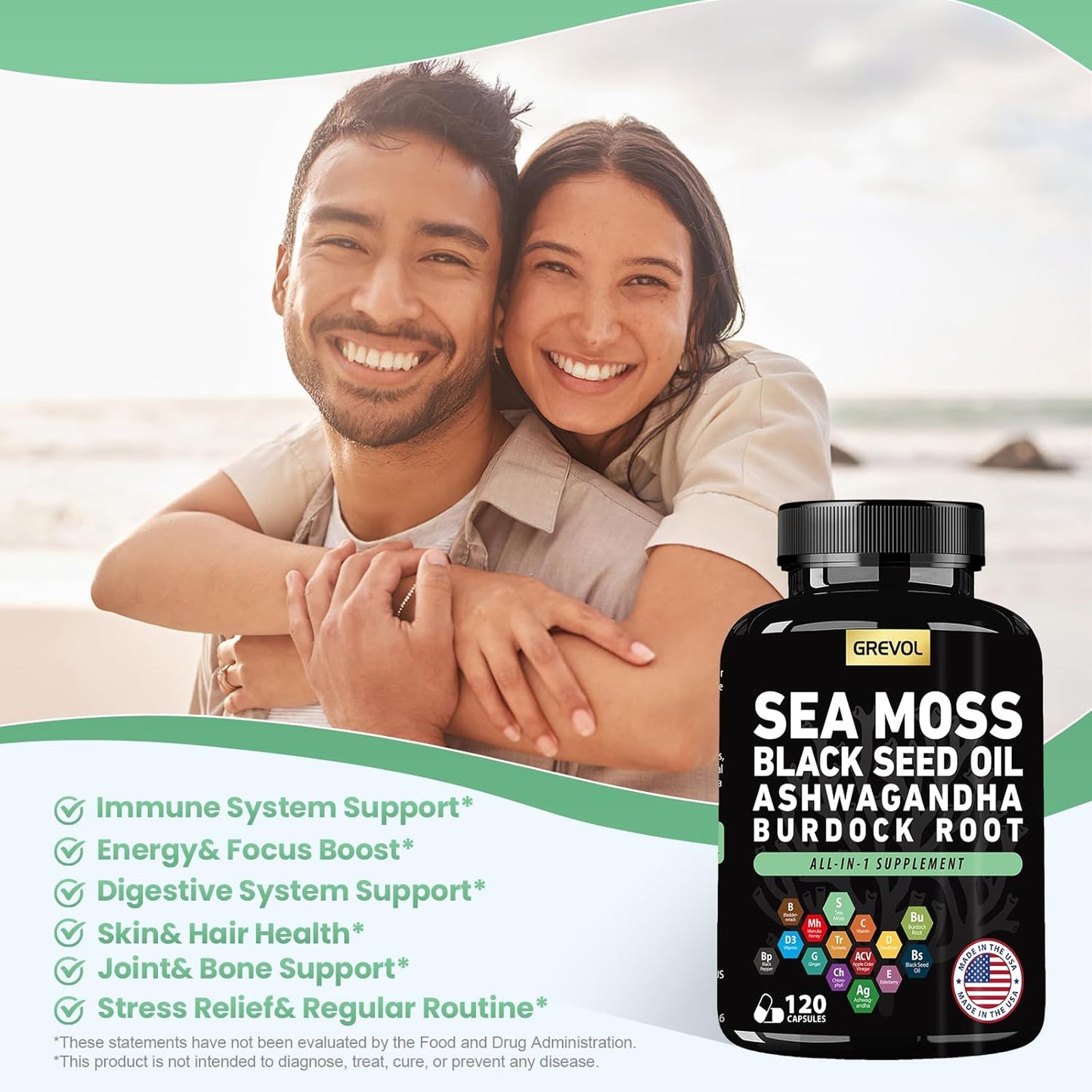 120 Count Multimineral Supplement Capsules with Sea Moss, Ashwagandha, Black Seed Oil, Bladderwrack, Burdock Root, Turmeric, Vitamin C, D3, Elderberry, ACV, and Black Pepper