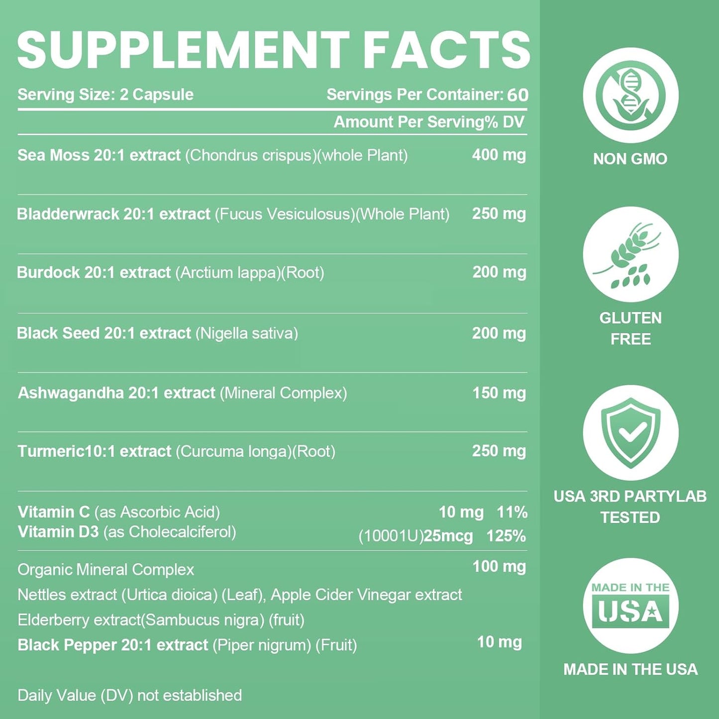 120 Count Multimineral Supplement Capsules with Sea Moss, Ashwagandha, Black Seed Oil, Bladderwrack, Burdock Root, Turmeric, Vitamin C, D3, Elderberry, ACV, and Black Pepper