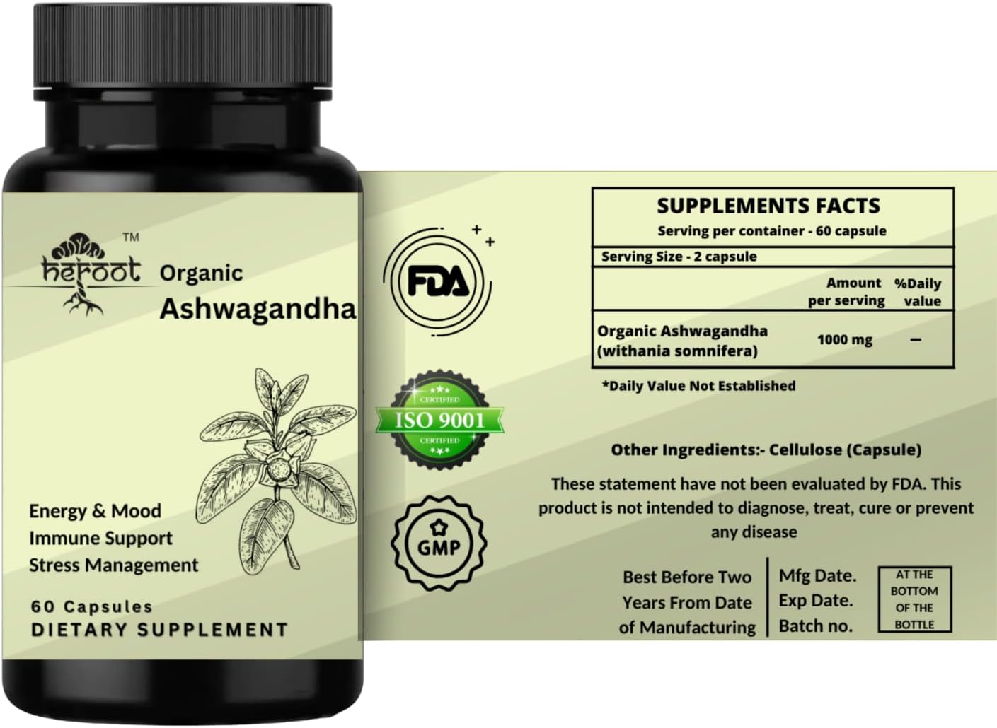 120-Count Organic Ashwagandha Capsules for Stress Relief and Mood Enhancement
