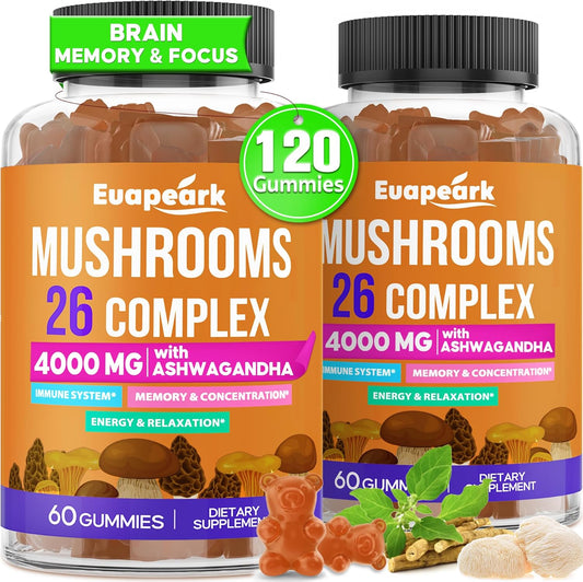 120 Count Organic Mushroom Gummies for Memory & Focus, 26-in-1 Complex with Ashwagandha & Lion's Mane.