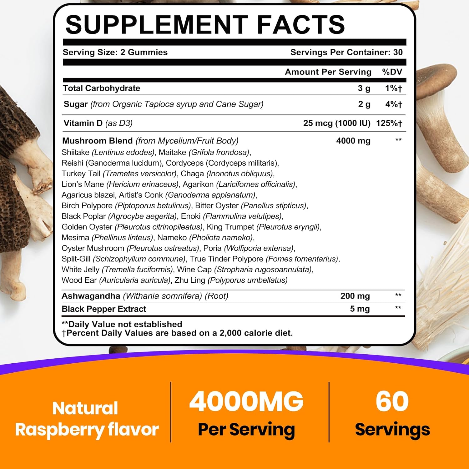 120 Count Organic Mushroom Gummies for Memory & Focus, 26-in-1 Complex with Ashwagandha & Lion's Mane.