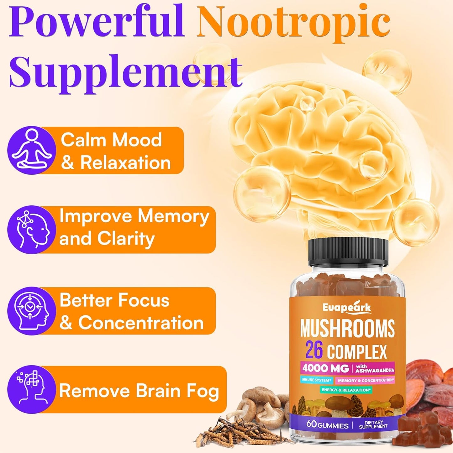 120 Count Organic Mushroom Gummies for Memory & Focus, 26-in-1 Complex with Ashwagandha & Lion's Mane.