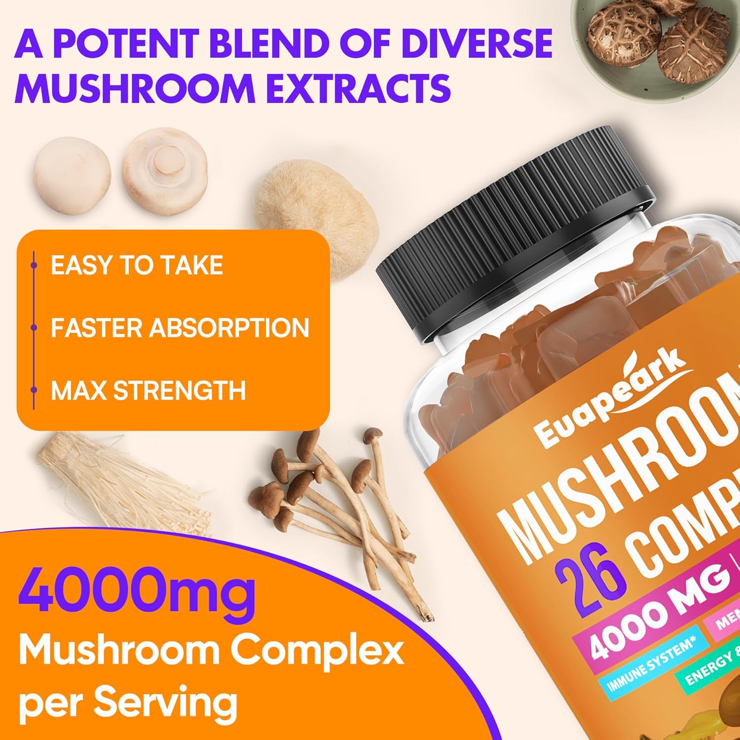 120 Count Organic Mushroom Gummies for Memory & Focus, 26-in-1 Complex with Ashwagandha & Lion's Mane.