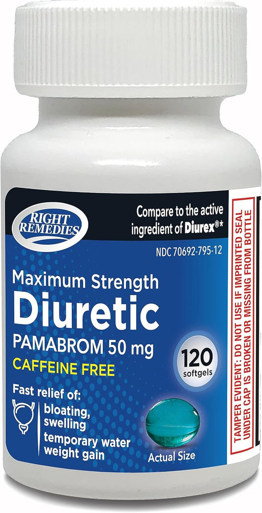 120 Count Pambrom 50mg Softgels for Water Weight Relief - Powerful Caffeine-Free Diuretic Formula to Reduce Bloating and Heaviness