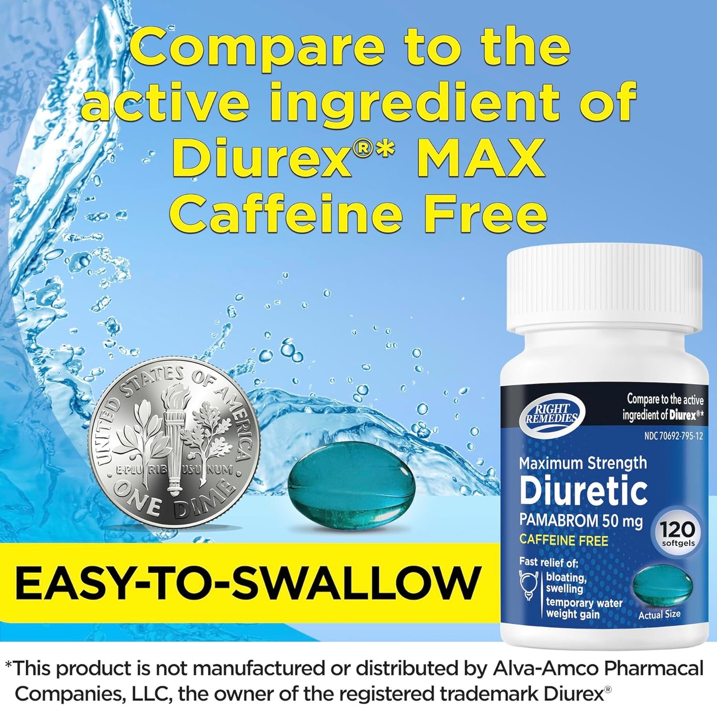 120 Count Pambrom 50mg Softgels for Water Weight Relief - Powerful Caffeine-Free Diuretic Formula to Reduce Bloating and Heaviness