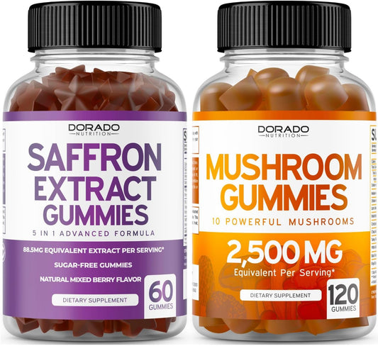 120 Count Premium Saffron and Mushroom Gummies - Sugar Free Supplement by DORADO NUTRITION
