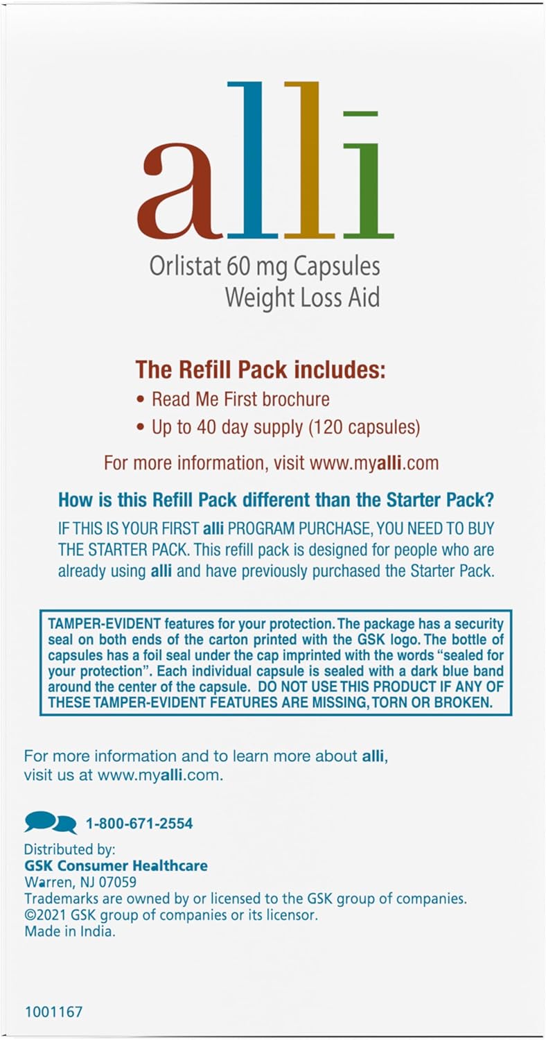 120 Count Refill Pack of alli Orlistat 60 mg Capsules for Weight Loss - Non Prescription Diet Pills