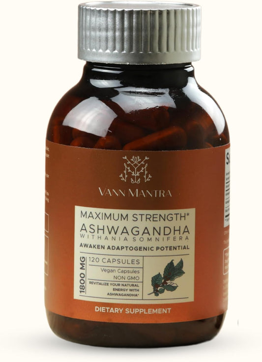 120 Count VANN MANTRA Ashwagandha Capsules - 1800mg Per Serving - Stress Relief & Immune Support - Vegan Ayurvedic Supplement
