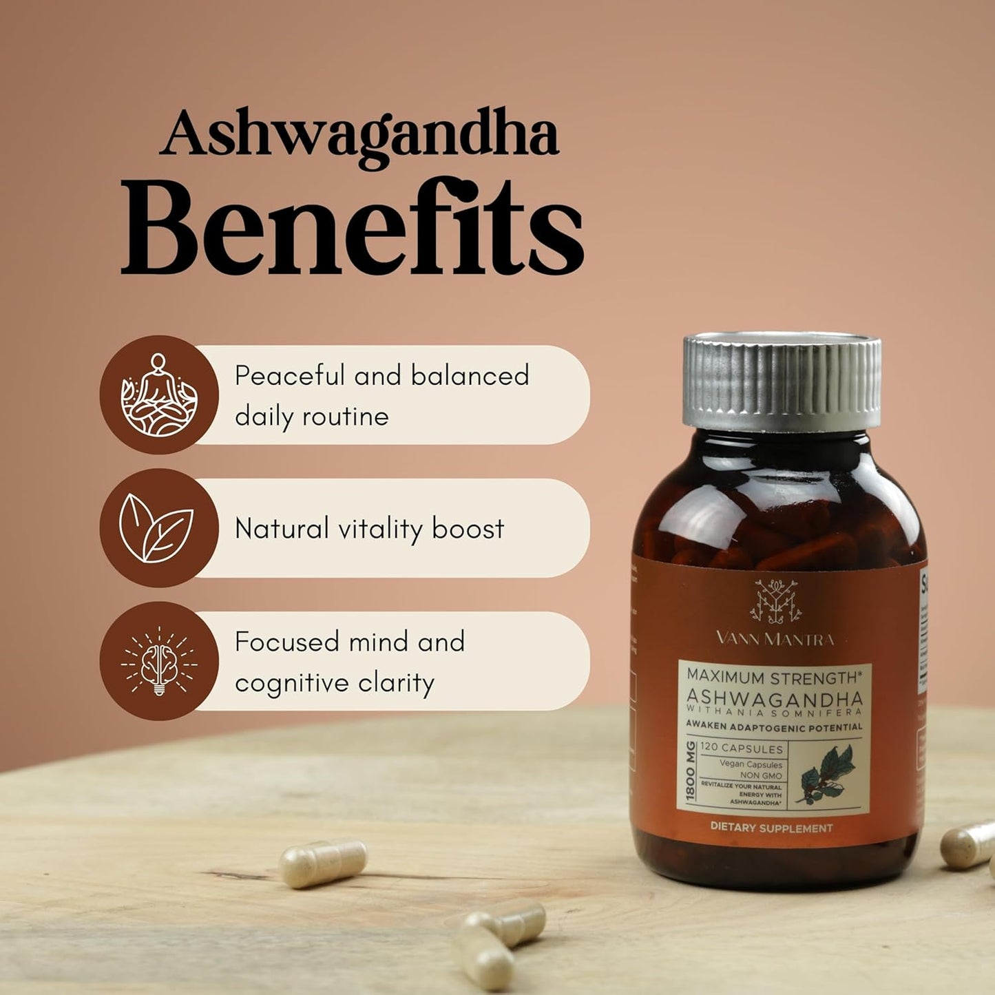 120 Count VANN MANTRA Ashwagandha Capsules - 1800mg Per Serving - Stress Relief & Immune Support - Vegan Ayurvedic Supplement