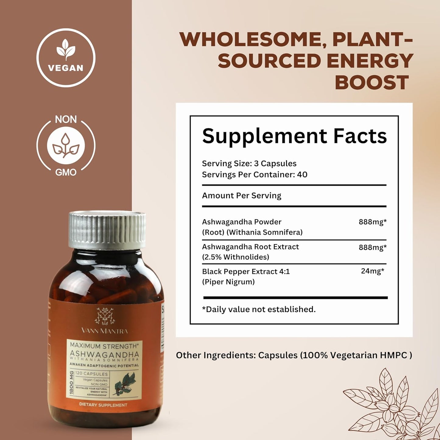 120 Count VANN MANTRA Ashwagandha Capsules - 1800mg Per Serving - Stress Relief & Immune Support - Vegan Ayurvedic Supplement