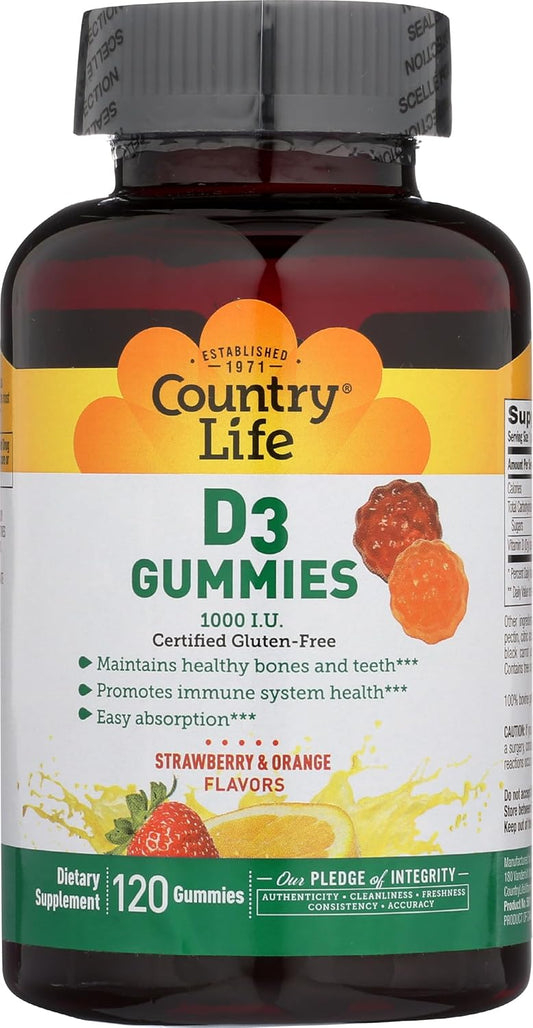 120 CT Country Life Strawberry & Orange D3 Gummies - Vitamin D Supplement for Immune Support